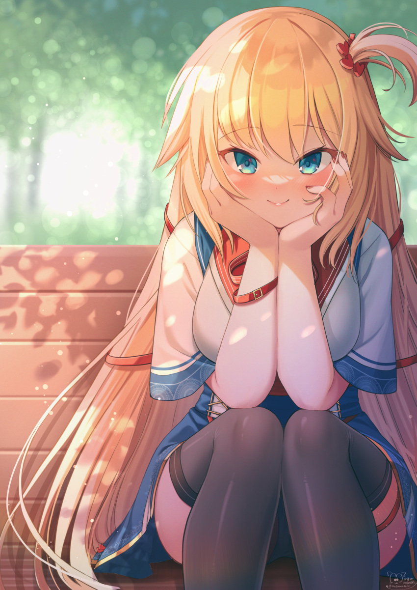 1girl akai_haato bangs bench black_legwear blonde_hair blue_eyes blue_skirt blurry blurry_background blush bracelet breasts closed_mouth commentary_request elbow_rest eyebrows_visible_through_hair hair_ornament head_rest heart heart_hair_ornament heart_in_eye highres hololive jewelry large_breasts light_particles lips long_hair looking_at_viewer magowasabi panties pantyshot red_nails red_ribbon ribbon shadow shirt sitting sitting_on_bench skirt smile solo symbol_in_eye thigh-highs underwear very_long_hair virtual_youtuber white_shirt zettai_ryouiki