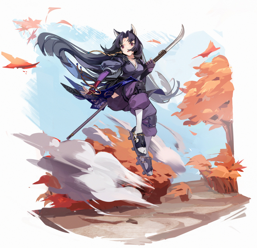 1girl absurdres animal_ears arknights bangs beads black_hair blue_kimono blue_sky blush breasts commentary dog_ears dog_girl dust facial_mark fingerless_gloves floating_hair forehead_mark full_body geta gloves highres hip_vent holding holding_weapon huge_filesize japanese_clothes jumping kimono knee_pads leaf leaves_in_wind long_hair looking_at_viewer medium_breasts naginata open_mouth pants parted_bangs polearm prayer_beads purple_pants saga_(arknights) sky solo symbol_commentary tabi tree violet_eyes weapon white_legwear wind zuihou_de_miao_pa_si