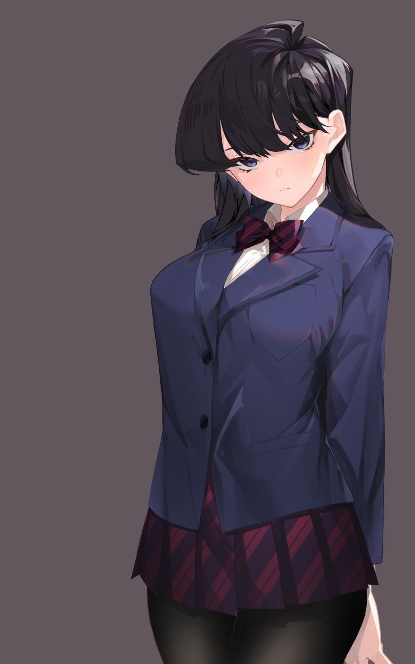 1girl bangs black_hair black_legwear blazer blue_eyes blush bow bowtie breasts furisuku grey_background highres jacket komi-san_wa_komyushou_desu komi_shouko long_hair looking_at_viewer pantyhose pleated_skirt school_uniform simple_background skirt solo