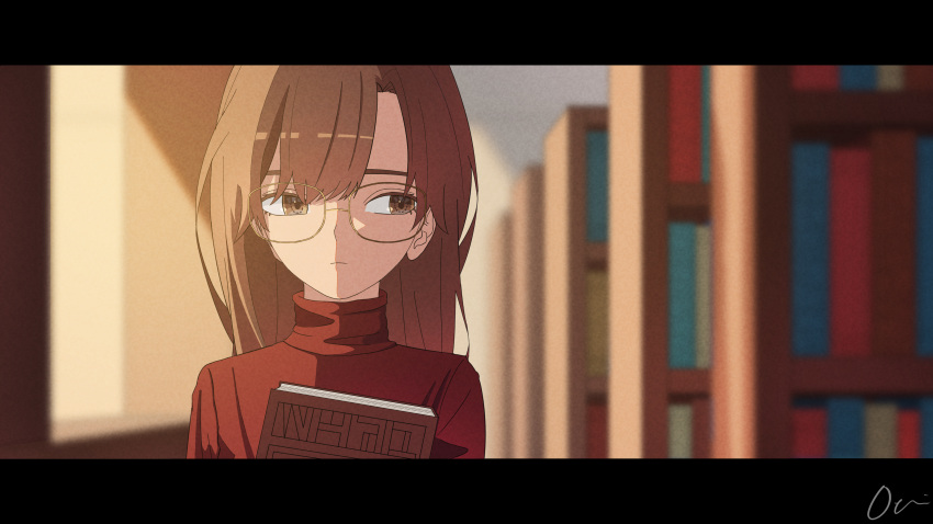 1girl absurdres bangs blurry blurry_background book book_hug bookshelf brown_eyes closed_mouth commentary_request expressionless glasses highres holding holding_book letterboxed library long_hair original otonashikei red_sweater sideways_glance signature solo sweater turtleneck turtleneck_sweater upper_body