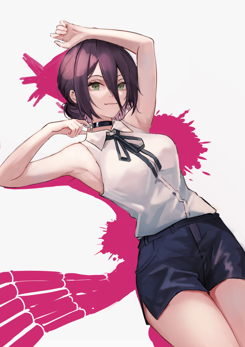 1girl absurdres arm_up bare_shoulders black_choker black_neckwear blue_shorts breasts chainsaw_man choker closed_mouth collared_shirt commentary cowboy_shot ema_(kuguiema) green_eyes hair_between_eyes highres looking_at_viewer medium_breasts medium_hair neck_ribbon pink_background purple_hair reze_(chainsaw_man) ribbon shirt shirt_tucked_in shorts sleeveless smile solo two-tone_background white_background white_shirt