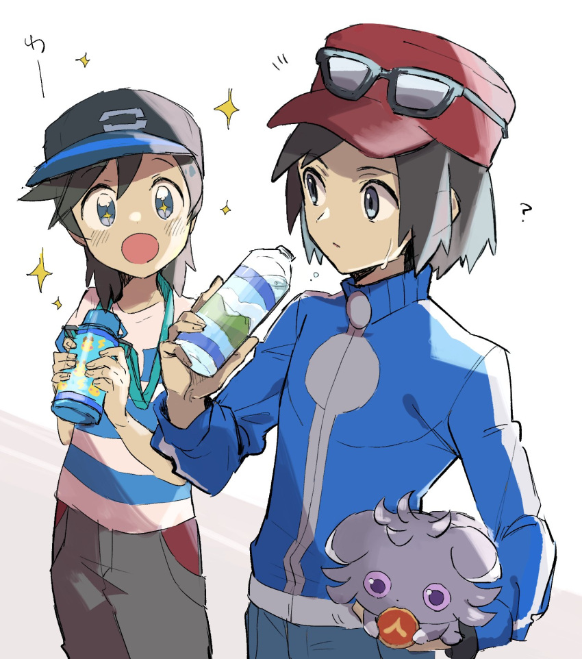 +_+ 2boys :o bangs baseball_cap black_headwear blue_jacket blush bottle calem_(pokemon) commentary_request elio_(pokemon) espurr eyewear_on_headwear gen_6_pokemon grey_pants hat highres holding holding_bottle holding_pokemon jacket looking_at_another male_focus mikanbako_(aitatadon3) multiple_boys open_mouth pants pokemon pokemon_(creature) pokemon_(game) pokemon_sm pokemon_xy red_headwear shirt short_sleeves sparkle striped striped_shirt sunglasses t-shirt water_bottle water_drop white_background