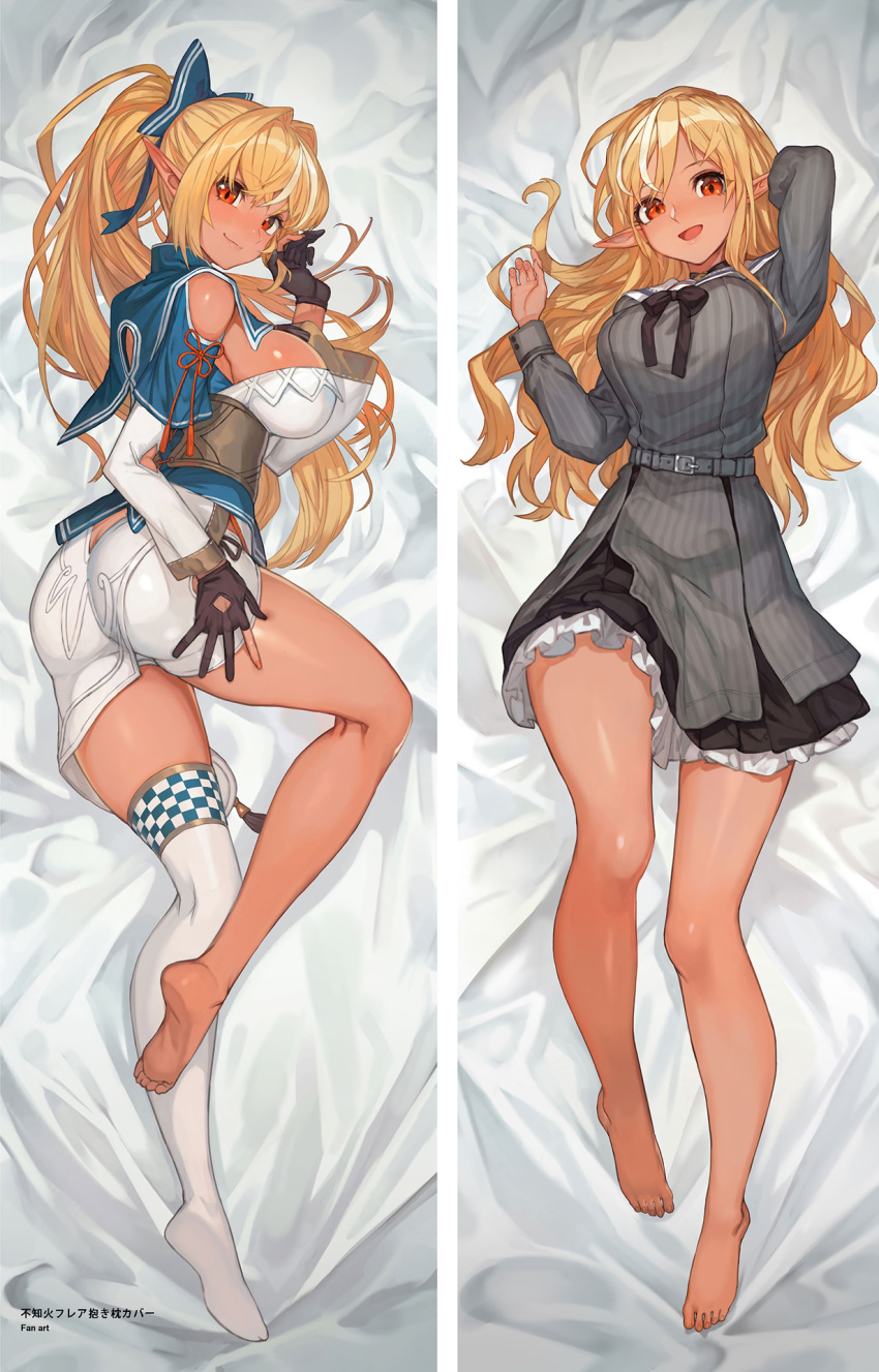 1girl ahoge ass bare_legs barefoot bed_sheet black_gloves black_ribbon blonde_hair blush bow breasts butt_crack checkered chinese_clothes closed_mouth clothing_cutout dakimakura_(medium) dark-skinned_female dark_skin dress elf full_body gloves grey_dress hair_bow highres hololive lack long_hair long_sleeves looking_at_viewer lying medium_breasts multicolored_hair multiple_views neck_ribbon non-web_source official_alternate_costume official_art on_back on_side open_mouth pinstripe_dress pinstripe_pattern pointy_ears ponytail red_eyes ribbon sailor_collar shiranui_flare short_dress shoulder_cutout sideboob single_thighhigh smile streaked_hair striped thigh-highs thighs two-tone_hair vertical-striped_dress vertical_stripes virtual_youtuber white_hair white_legwear
