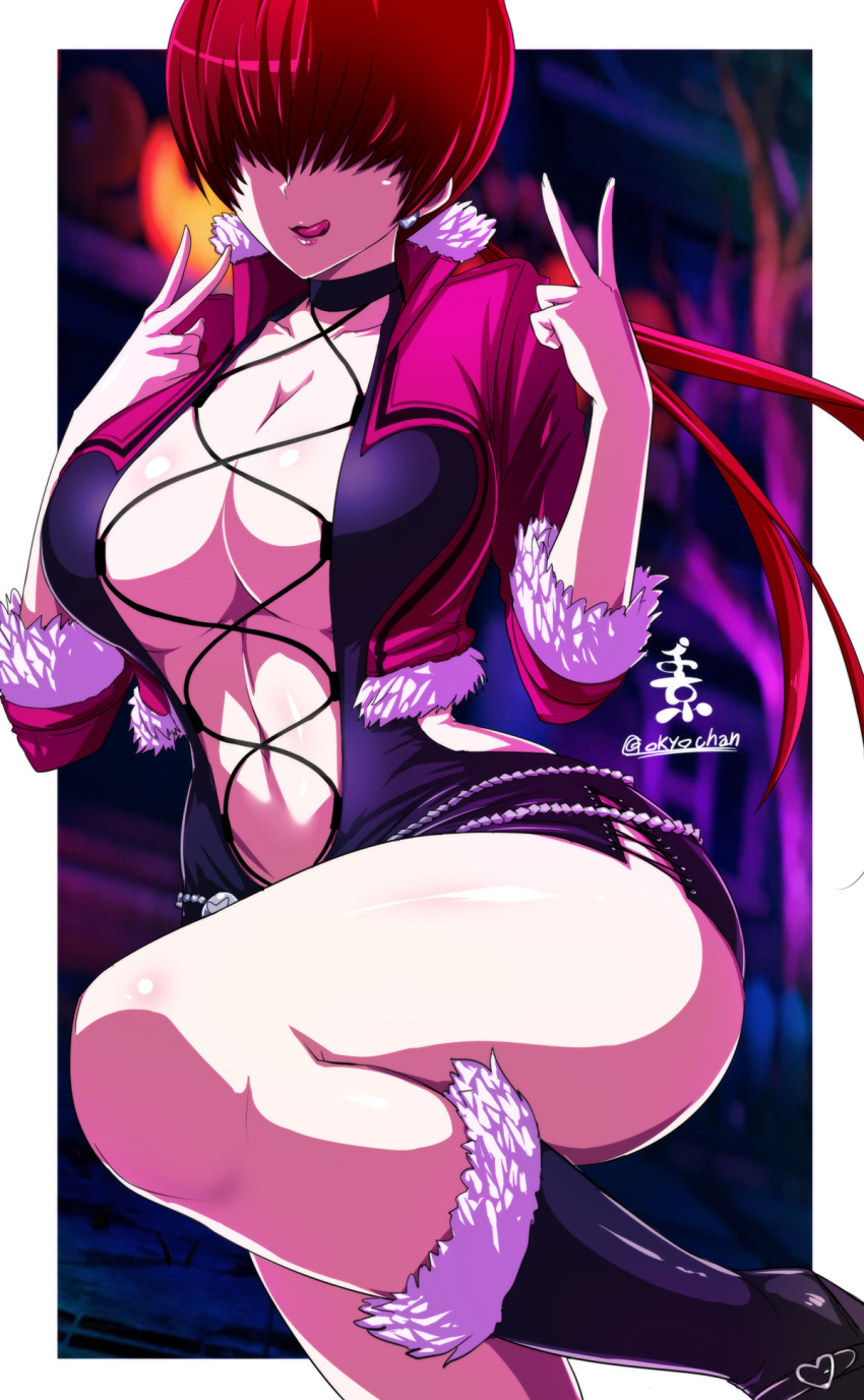 1girl bangs black_footwear black_skirt blurry blurry_background boots border breasts cleavage_cutout clothing_cutout cross-laced_clothes double_v fur_trim hair_over_eyes heart highres huge_breasts jacket long_hair long_sleeves navel okyou open_mouth redhead shermie_(kof) signature skirt solo split_ponytail the_king_of_fighters the_king_of_fighters_xv thigh-highs tongue tongue_out twitter_username v white_border