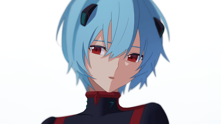 1girl absurdres ayanami_rei bangs black_bodysuit blue_hair bodysuit commentary face hair_between_eyes highres interface_headset looking_at_viewer neon_genesis_evangelion parted_lips plugsuit portrait rebuild_of_evangelion red_eyes short_hair simple_background soft_focus solo white_background