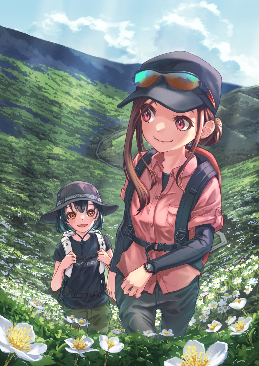 2girls absurdres backpack bag baseball_cap black_hair brown_hair eyewear_on_head flower hair_bun hat highres hiking long_hair meadow michinoku_(hiking_miusan18) mountain multiple_girls nature original outdoors red_eyes scenery short_hair smile sunglasses