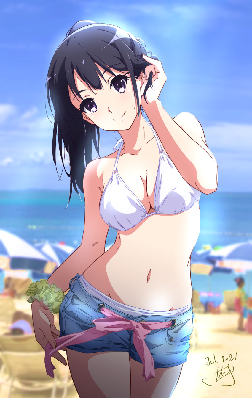 1girl bangs beach beach_umbrella bikini black_hair breasts closed_mouth cowboy_shot dated day eyebrows_visible_through_hair halterneck hand_in_hair hibike!_euphonium highres kousaka_reina long_hair looking_at_viewer medium_breasts navel nii_manabu ponytail pulled_by_self ribbon scrunchie shorts signature sky smile solo swimsuit umbrella violet_eyes white_bikini wrist_scrunchie