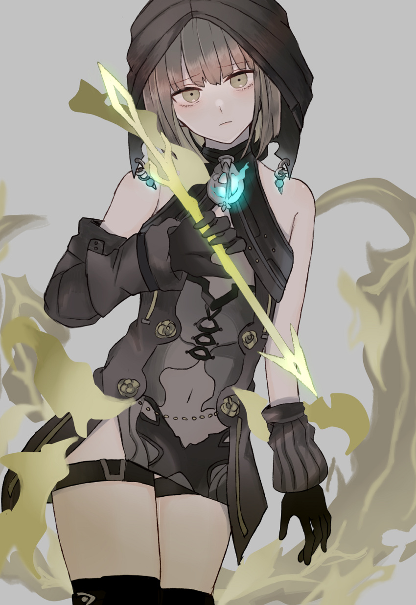 1boy akitama2727 arrow_(projectile) asymmetrical_gloves bangs bare_shoulders black_gloves brown_hair brown_hood closed_mouth elbow_gloves gloves glowing_arrow green_eyes gretel_(sinoalice) grey_background hair_between_eyes highres holding looking_at_viewer navel see-through_dress short_hair simple_background sinoalice solo thigh-highs uneven_gloves yellow_legwear