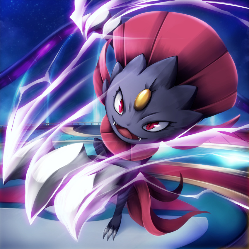 000hassy arm_up claws eyebrows_visible_through_hair fangs gen_4_pokemon mouth open_mouth pink_eyes pokemon pokemon_(creature) smile weavile