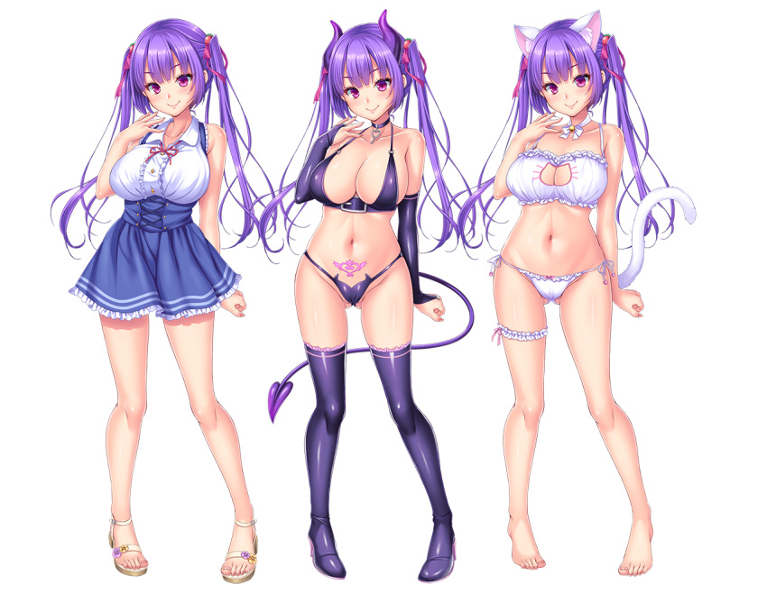 1girl animal_ears bangs barefoot black_footwear boots breasts bridal_gauntlets cat_ears cat_tail choker clothing_cutout demon_girl demon_horns demon_tail dress food-themed_hair_ornament full_body gachinko!_bitch_club_-_sensation hair_ornament horns large_breasts long_hair mitsugi_maina navel official_art photoshop_(medium) pink_eyes pubic_tattoo sandals short_dress smile solo standing strawberry_hair_ornament suzushiro_atsushi tachi-e tail tattoo thigh-highs thigh_boots transparent_background twintails underbust variations