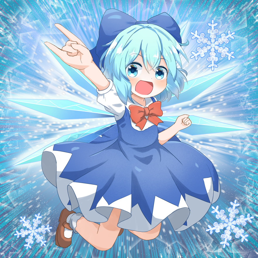 1girl :d \m/ bangs blue_background blue_bow blue_dress blue_eyes blue_hair bow bowtie brown_footwear cirno clenched_hand coruthi dress eyebrows_visible_through_hair full_body hair_bow highres ice ice_wings looking_at_viewer open_mouth pinafore_dress red_bow red_neckwear shirt short_hair short_sleeves smile snowflakes solo starry_background touhou white_legwear white_shirt wings