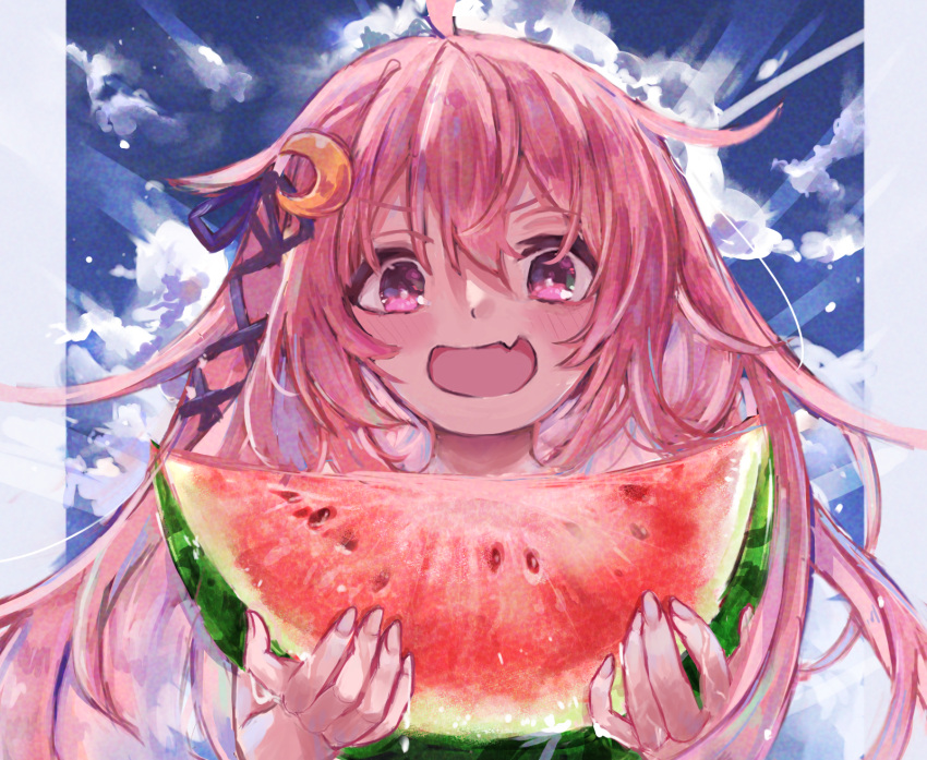 1girl ahoge blush crescent crescent_hair_ornament fang fingernails food fruit hair_between_eyes hair_ornament highres holding holding_food holding_fruit kantai_collection long_hair open_mouth pink_eyes pink_hair skin_fang smile solo upper_body uzuki_(kancolle) watermelon womisoba