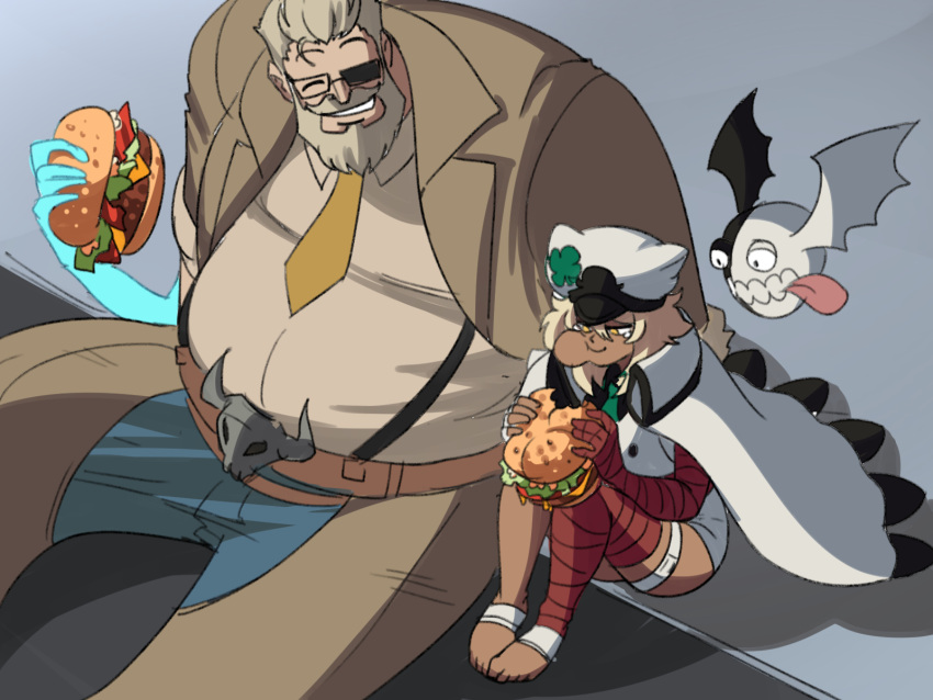 1boy 1girl burger clover dark_skin eating food goldlewis_dickinson guilty_gear guilty_gear_strive hat height_difference highres lucifero ramlethal_valentine smile tina_fate