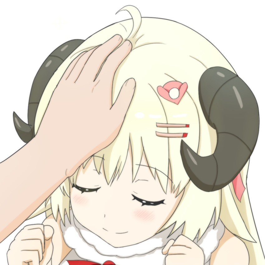 ^_^ ahoge animal_ears blonde_hair closed_eyes disembodied_limb dress english_commentary fin_naubot fur-trimmed_dress fur_trim hair_ornament hairclip half_updo hand_on_another's_head headpat hololive horns long_hair out_of_frame sheep_ears sheep_girl sheep_horns sleeveless sleeveless_dress tsunomaki_watame very_long_hair virtual_youtuber
