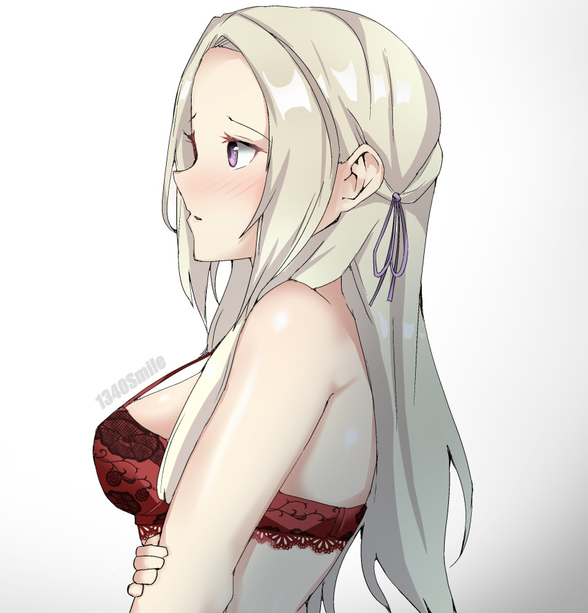 1340smile 1girl absurdres bra breasts commentary edelgard_von_hresvelg english_commentary fire_emblem fire_emblem:_three_houses hair_tie hand_on_own_arm highres long_hair looking_to_the_side medium_breasts red_bra standing underwear upper_body violet_eyes watermark white_background white_hair