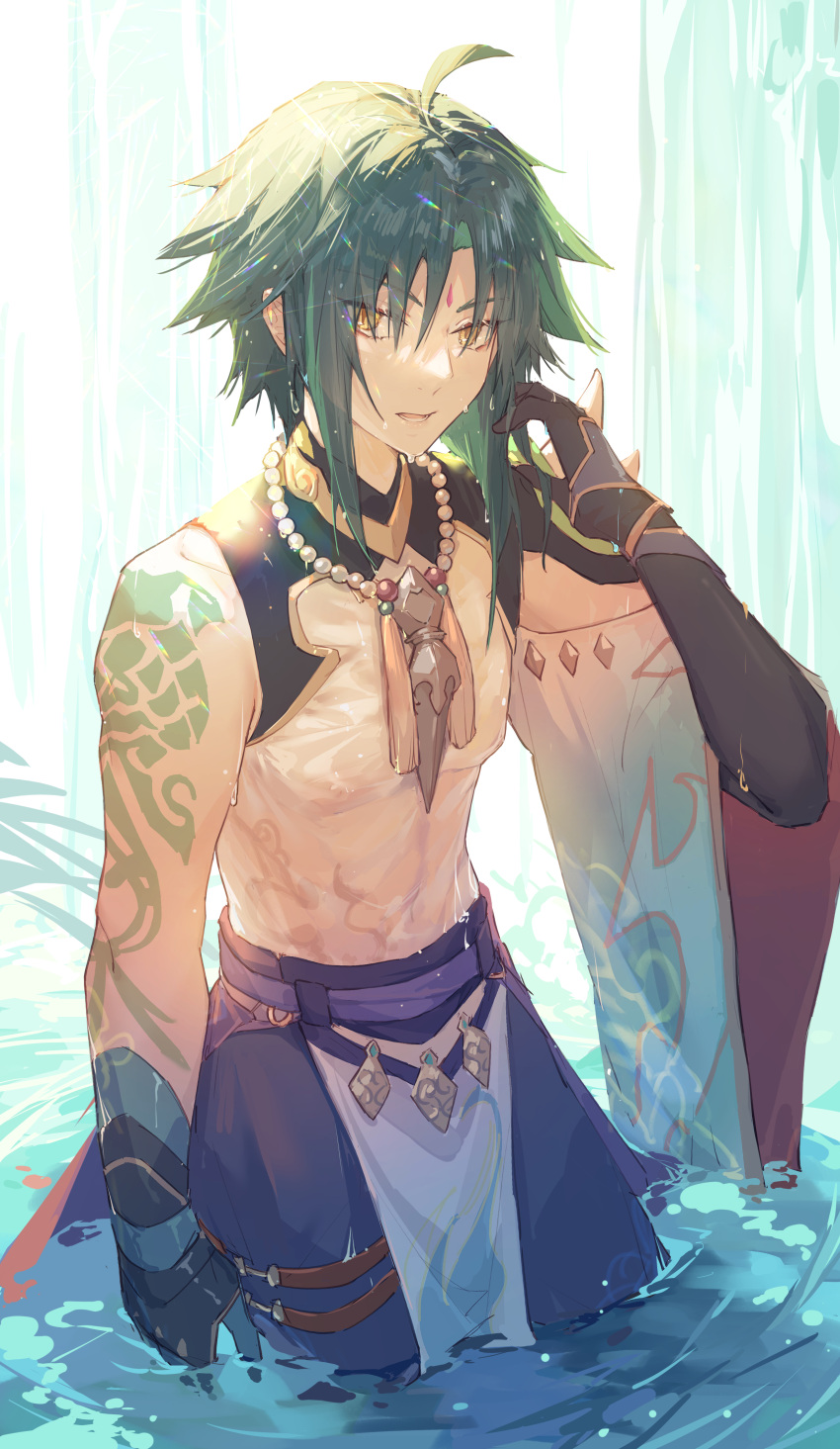 1boy absurdres ahoge arm_tattoo asymmetrical_clothes asymmetrical_gloves bead_necklace beads facial_mark forehead_mark genshin_impact gloves green_hair highres jewelry kotatsu_kaya male_focus mismatched_gloves necklace parted_lips solo tassel tattoo water waterfall wet wet_clothes wet_hair wide_sleeves xiao_(genshin_impact) yellow_eyes