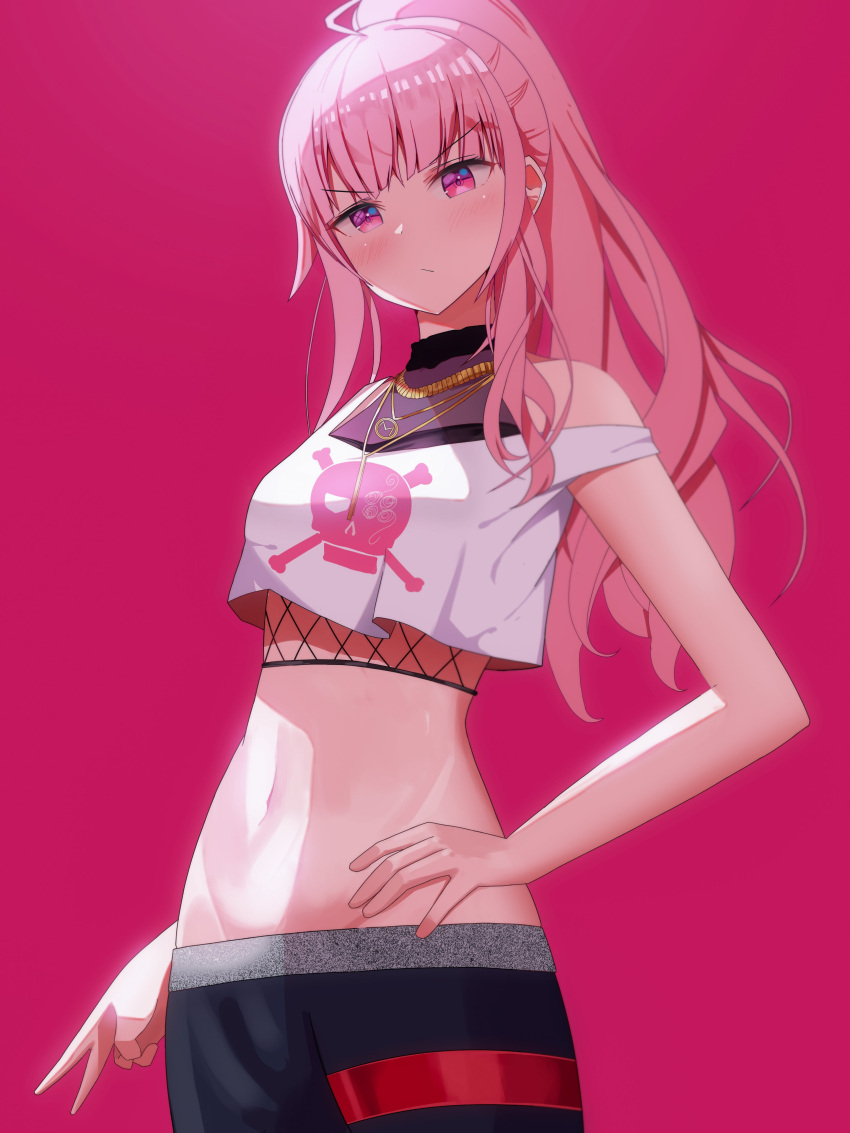 1girl absurdres bangs blush breasts chain cowboy_shot crop_top deozt fishnets gold_chain hair_over_shoulder hand_on_hip highres hololive hololive_english jewelry long_hair midriff mori_calliope navel necklace no_hat no_headwear official_alternate_costume official_alternate_hairstyle pants pink_background pink_hair ponytail pout red_eyes simple_background skull_print solo strap_slip track_pants v v-shaped_eyebrows virtual_youtuber