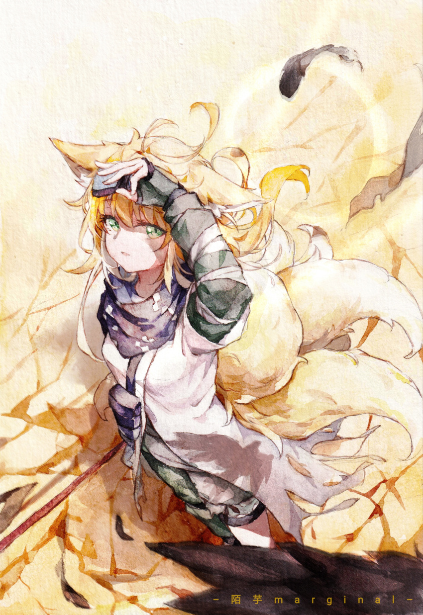 1girl absurdres ahoge animal_ears arknights black_gloves blue_scarf covering_eyes fox_ears fox_girl fox_tail from_above gloves green_eyes green_pants highres kitsune looking_at_viewer moyu_marginal multiple_tails pants parted_lips scarf shirt short_hair solo suzuran_(arknights) tail white_shirt