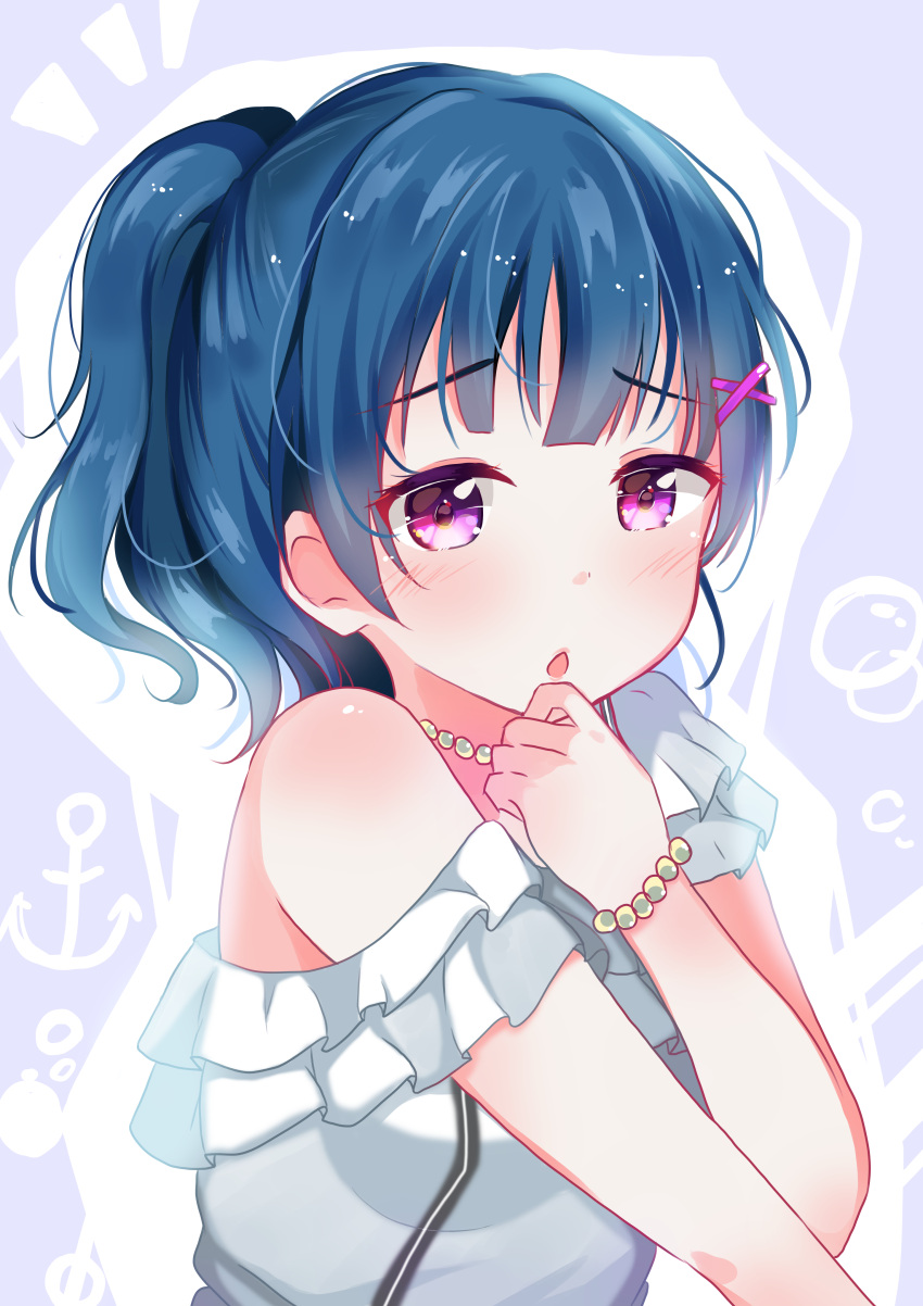 1girl :o absurdres bangs blue_hair blunt_bangs blush depe dress eyebrows_visible_through_hair hair_ornament hand_on_own_chin highres long_hair looking_at_viewer love_live! love_live!_sunshine!! pink_eyes ponytail sidelocks sleeveless sleeveless_dress solo tsushima_yoshiko white_dress x_hair_ornament