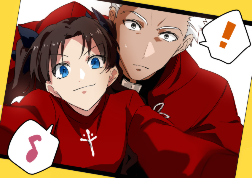 ! 1boy 1girl archer_(fate) black_hair blue_eyes commentary_request eyebrows_visible_through_hair fate/stay_night fate_(series) grey_eyes highres karasaki long_hair long_sleeves looking_at_viewer musical_note selfie speech_bubble tohsaka_rin upper_body white_hair