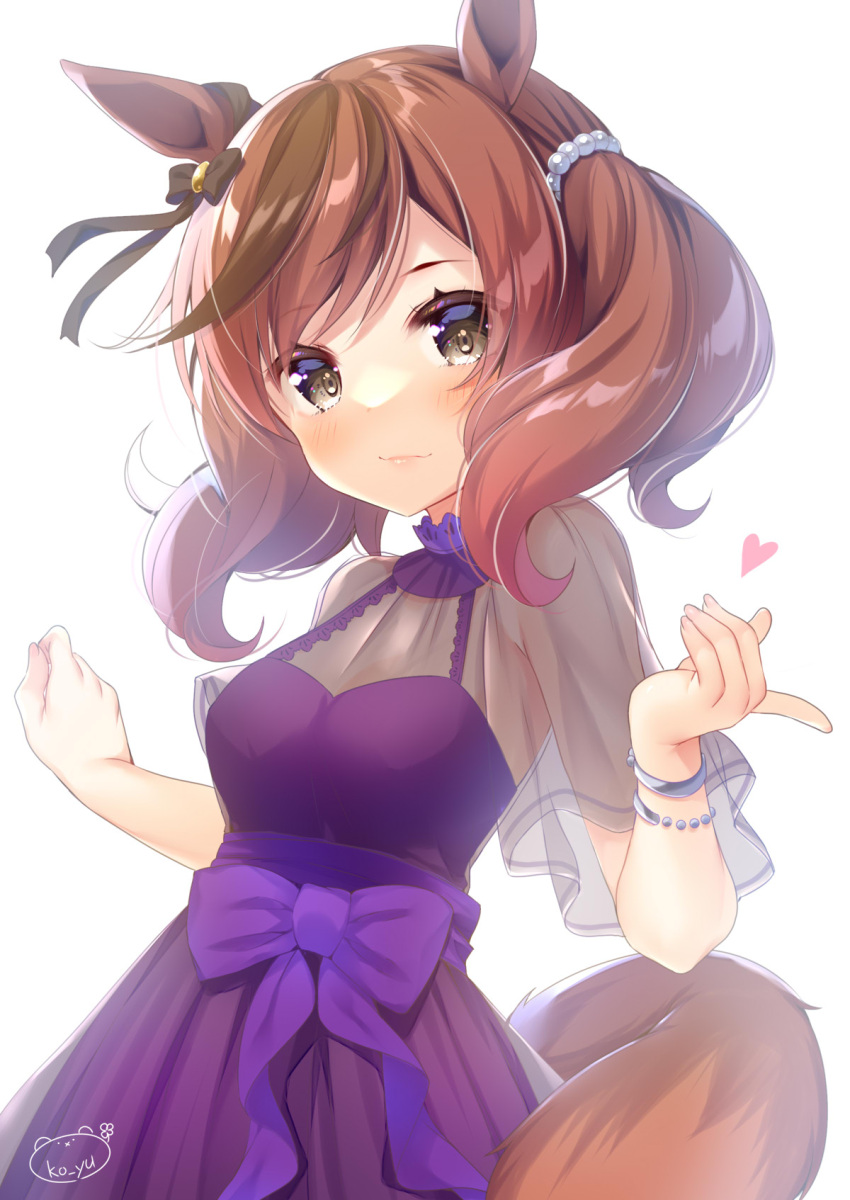 1girl animal_ears black_bow blush bow brown_eyes brown_hair closed_mouth commentary_request dress hands_up heart highres horse_ears horse_girl horse_tail ko_yu multicolored_hair nice_nature_(umamusume) purple_bow purple_dress see-through see-through_sleeves shirt short_sleeves signature simple_background sleeveless sleeveless_dress smile solo streaked_hair tail twintails umamusume white_background