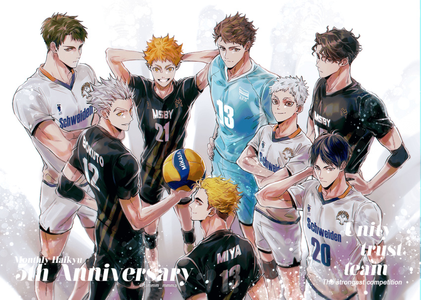 6+boys arms_behind_head ball black_hair blonde_hair bokuto_koutarou brown_hair closed_mouth crossed_arms elbow_pads from_above grey_hair grin haikyuu!! hands_on_hips hinata_shouyou holding holding_ball hoshiumi_kourai jersey kageyama_tobio knee_pads looking_at_viewer male_focus miya_atsumu multicolored_hair multiple_boys oikawa_tooru_(haikyuu!!) orange_hair sakusa_kiyoomi short_hair shorts smile sportswear teeth toned toned_male two-tone_hair ummm_mmma ushijima_wakatoshi volleyball volleyball_uniform white_hair