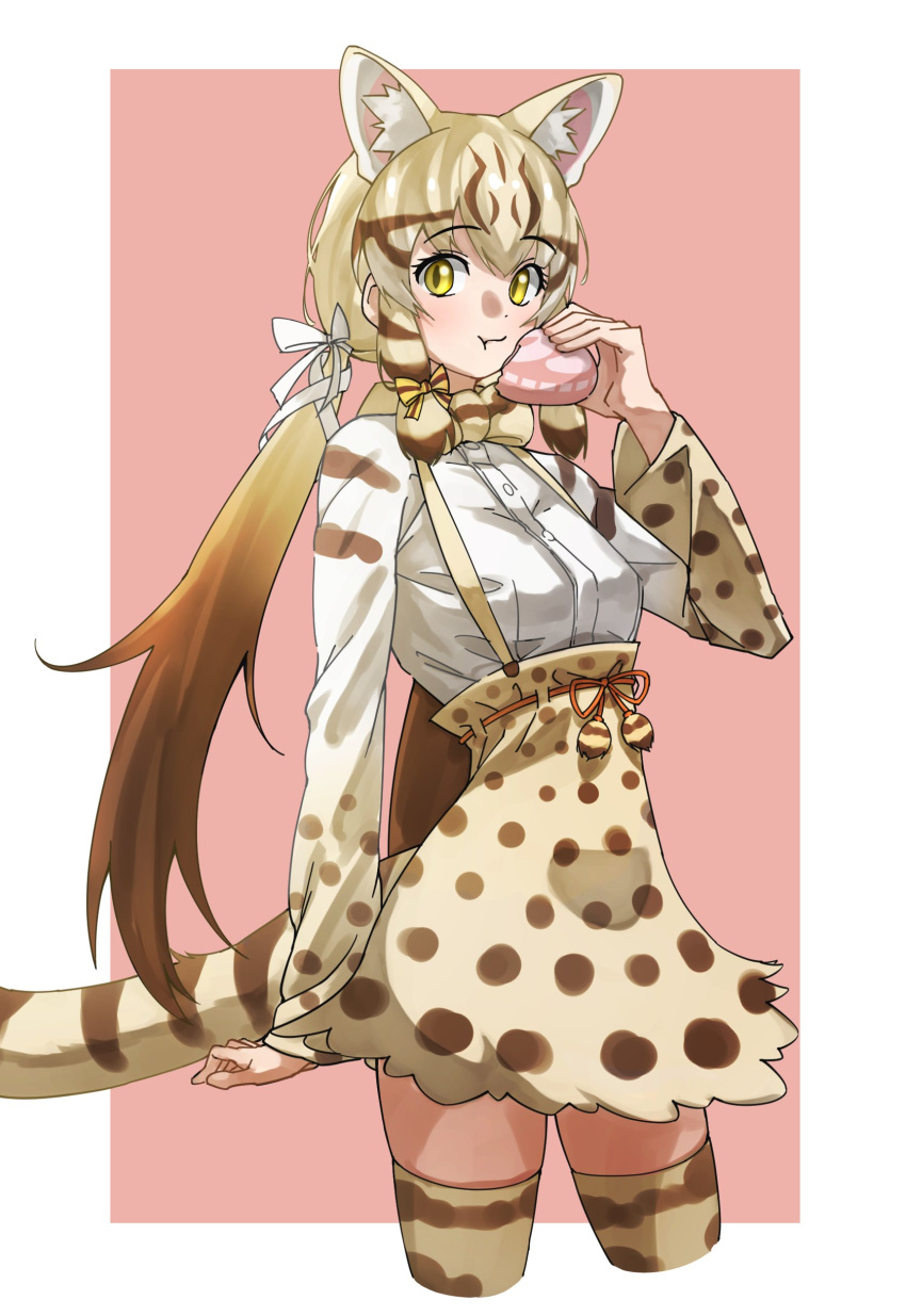 1girl absurdres animal_ears animal_print blonde_hair bow bowtie brown_hair cat_ears cat_girl cat_print cat_tail commentary_request cowboy_shot eating extra_ears eyebrows_visible_through_hair food geoffroy's_cat_(kemono_friends) hair_tie high-waist_skirt highres japari_bun kemono_friends long_hair long_sleeves looking_at_viewer multicolored_hair print_legwear print_neckwear print_skirt print_sleeves ribbon shirt skirt solo suspender_skirt suspenders tail tanabe_(fueisei) thigh-highs twintails white_ribbon white_shirt yellow_eyes zettai_ryouiki