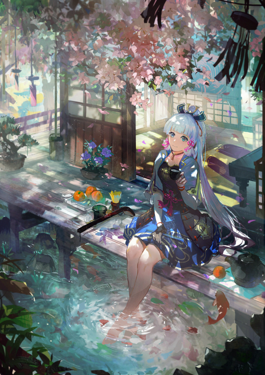 1girl absurdres animal ayaka_(genshin_impact) bangs blue_eyes blunt_bangs bonsai chinese_knot commentary_request cup day fan fish flower food genshin_impact hair_ornament highres holding holding_cup holding_fan huge_filesize japanese_clothes lantern leaf long_hair looking_at_viewer plant potted_plant shadow sitting smile soaking_feet solo tagme teapot tree very_long_hair water zzz_(orchid-dale)