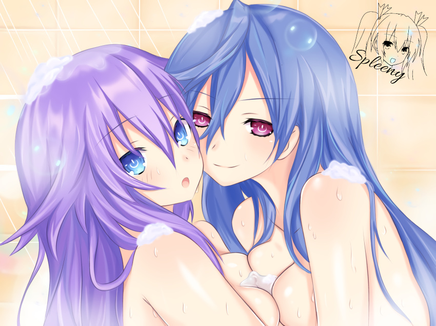 2girls bare_shoulders bathing blue_eyes braid breast_press breasts eyebrows_visible_through_hair hair_between_eyes hair_ornament hair_over_shoulder highres iris_heart kami_jigen_game_neptune_v large_breasts long_hair looking_at_viewer multiple_girls neptune_(series) purple_hair purple_heart red_eyes smile spleeny symbol-shaped_pupils twin_braids v-shaped_eyebrows very_long_hair wet