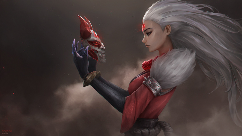 artist_name bead_necklace beads blood_moon_diana breasts claws diana_(league_of_legends) floating_hair from_side fur-trimmed_sleeves fur_trim gauntlets highres holding holding_mask horned_mask isaac_liew japanese_clothes jewelry league_of_legends lips long_hair mask mask_removed necklace profile red_eyes rope_belt spiked_armlet white_hair wrist_guards