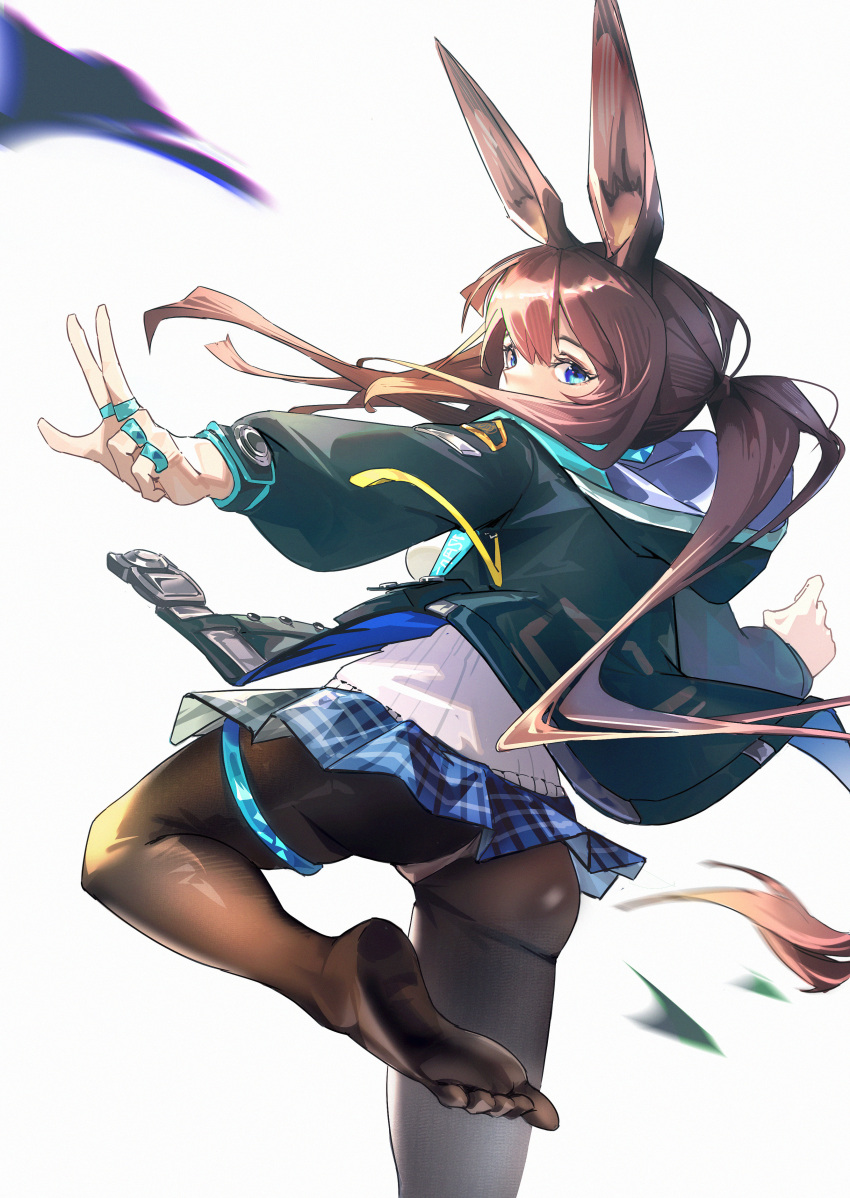 1girl absurdres amiya_(arknights) animal_ears arknights ass black_coat black_legwear blue_eyes blue_skirt brown_hair coat commentary covered_mouth cowboy_shot english_commentary feet floating_hair from_behind hair_between_eyes highres hooded_coat jewelry long_hair long_sleeves looking_at_viewer looking_back miniskirt motion_blur multiple_rings no_shoes outstretched_arm panties panties_over_pantyhose pantyhose plaid plaid_skirt pleated_skirt ponytail rabbit_ears ribbed_sweater ring simple_background skirt soles solo standing standing_on_one_leg sweater thighlet underwear white_background white_sweater zuihou_de_miao_pa_si