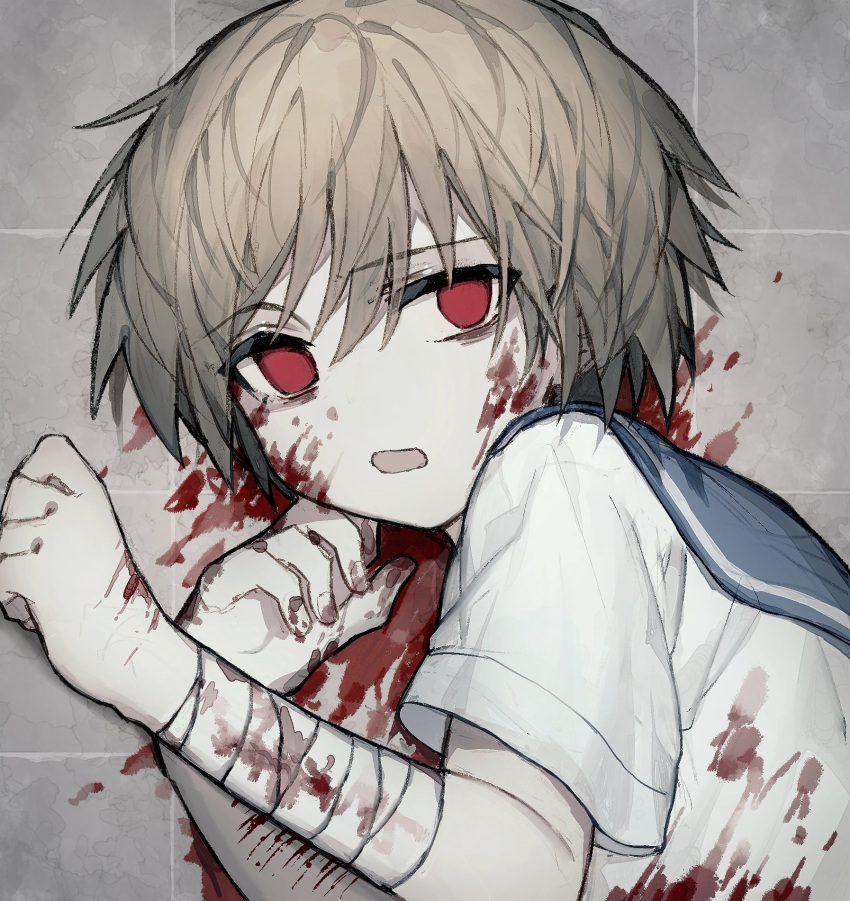 1boy bandaged_arm bandages bangs blood blood_on_face blood_on_ground bloody_bandages bloody_clothes bloody_hands blue_sailor_collar commentary_request crossdressinging deep_(deep4946) eyebrows_visible_through_hair from_above highres injury light_brown_hair looking_at_viewer male_focus nagisa_kaworu neon_genesis_evangelion no_pupils on_ground open_mouth otoko_no_ko red_eyes sailor_collar school_uniform self_harm serafuku shirt short_hair short_sleeves solo tile_floor tiles white_shirt