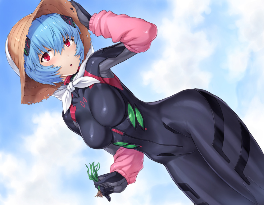 1girl ayanami_rei black_bodysuit blue_hair blush bodysuit breasts evangelion:_3.0+1.0_thrice_upon_a_time hat highres looking_at_viewer medium_breasts mogudan neon_genesis_evangelion open_mouth plugsuit rebuild_of_evangelion shiny shiny_clothes shiny_hair short_hair skin_tight solo straw_hat