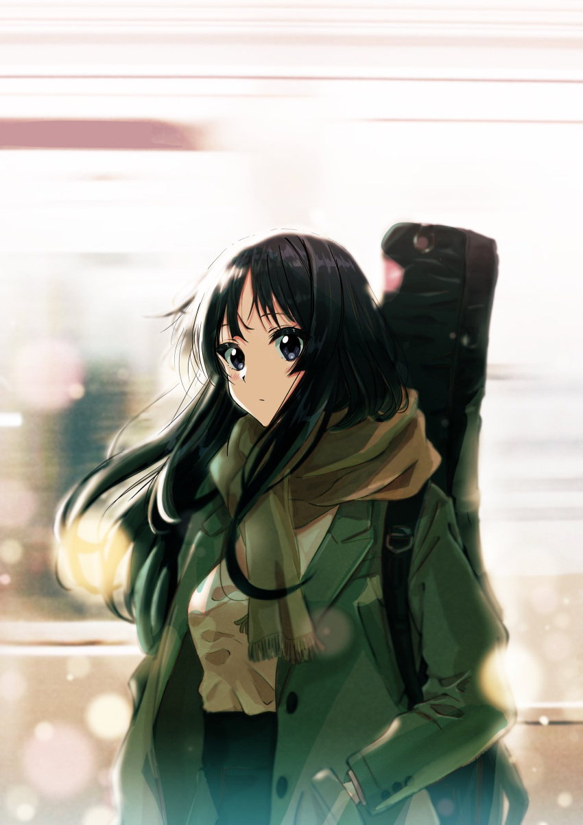 1girl absurdres akiyama_mio bangs black_eyes black_hair blurry blurry_background blush closed_mouth clothing_request commentary eyebrows_behind_hair green_scarf guitar_case hands_in_pockets highres instrument_case k-on! lens_flare long_hair long_sleeves looking_at_viewer scarf solo standing upper_body verse