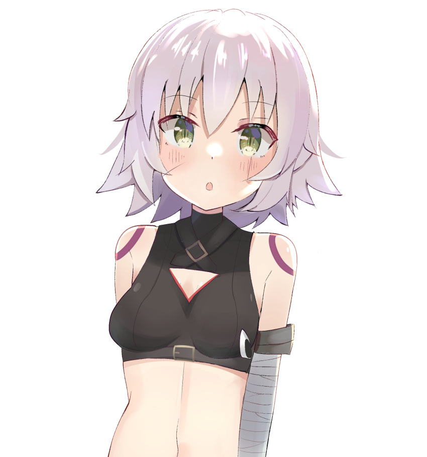 1girl arm_behind_back bandages bangs bare_shoulders blush breasts chorome1122 cleavage_cutout clothing_cutout eyebrows_visible_through_hair fate/apocrypha fate/grand_order fate_(series) green_eyes highres jack_the_ripper_(fate/apocrypha) looking_at_viewer lowleg lowleg_panties navel open_mouth panties scar scar_across_eye scar_on_cheek scar_on_face short_hair shoulder_tattoo silver_hair small_breasts smile solo tattoo underwear