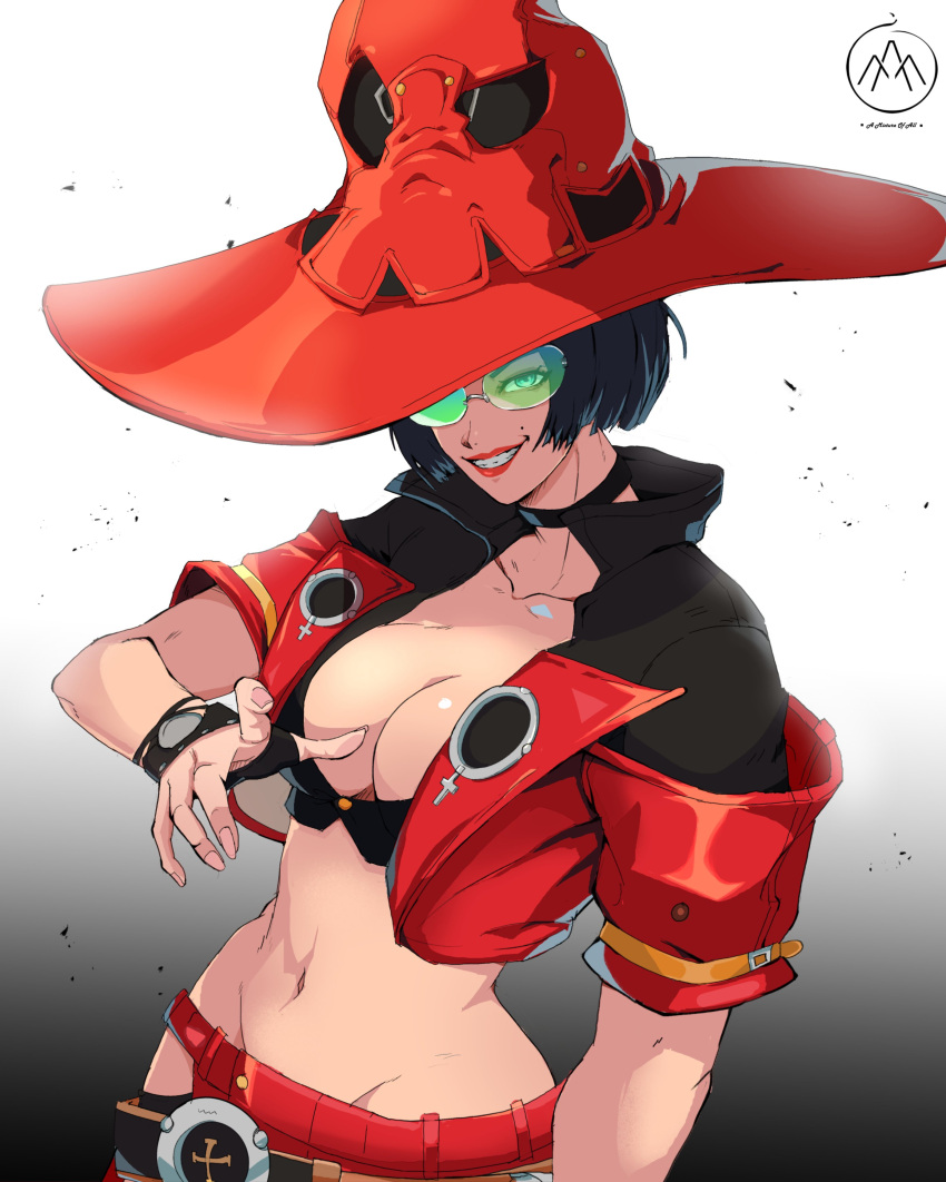 1girl absurdres black_hair cheymix guilty_gear guilty_gear_strive hat highres i-no jacket looking_at_viewer midriff red_headwear red_jacket short_hair sunglasses tinted_eyewear venus_symbol witch_hat