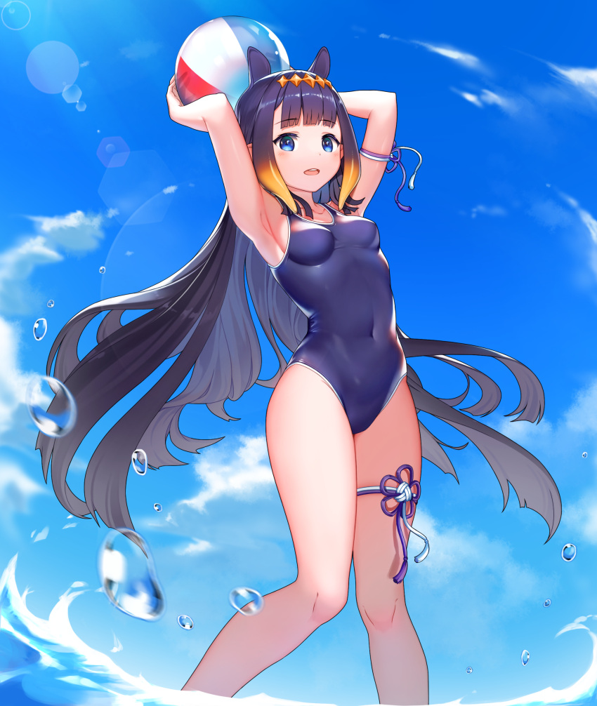 1girl absurdres animal_ears arm_strap armpits arms_up ball bangs beachball black_hair blue_eyes blue_sky blunt_bangs breasts clouds collarbone commentary competition_swimsuit covered_navel day diamond_hairband english_commentary eyebrows_visible_through_hair floating_hair flower_knot gradient_hair highres holding holding_ball holding_beachball hololive hololive_english kim_nico lens_flare long_hair looking_at_viewer motion_blur multicolored_hair ninomae_ina'nis one-piece_swimsuit open_mouth orange_hair shiny shiny_hair sidelocks sky small_breasts solo splashing standing swimsuit tentacle_hair thigh_strap upper_teeth very_long_hair virtual_youtuber wading water water_drop