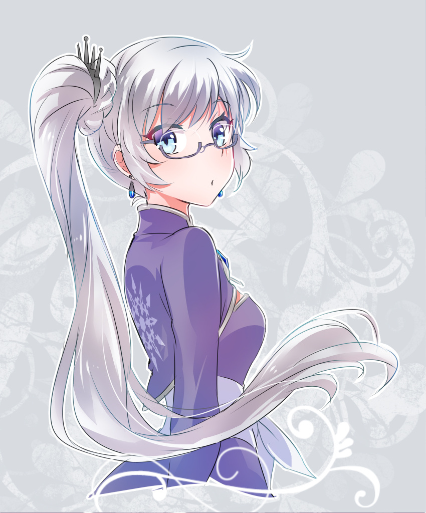 1girl :o absurdres bangs blue_eyes breasts cropped_torso dress earrings eyebrows_visible_through_hair floating_hair from_side glasses grey_background highres iesupa jewelry long_hair long_sleeves looking_at_viewer purple_dress rwby side_ponytail silver_hair solo tiara upper_body very_long_hair weiss_schnee white_hair