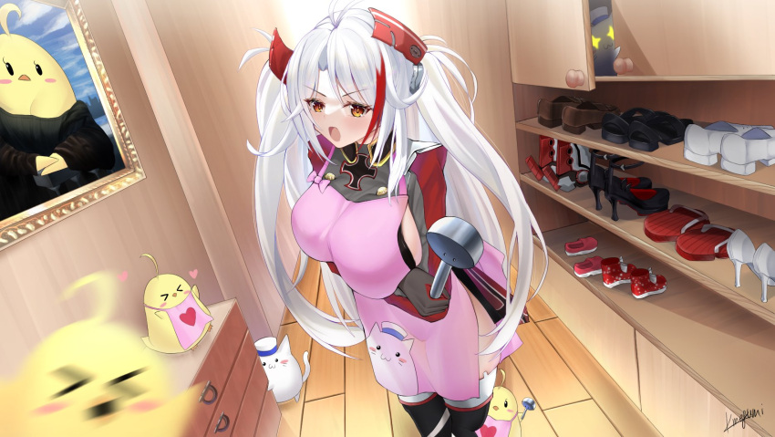 &gt;_&lt; +_+ 1girl antenna_hair apron azur_lane bangs black_legwear blush blush_stickers breasts buttons cabinet character_print commentary_request cowboy_shot crossed_arms doorway double-breasted dress eyebrows_visible_through_hair fine_art_parody gloves grey_dress grey_gloves hair_between_eyes headgear heart hiding highres holding indoors iron_cross large_breasts long_hair long_sleeves looking_at_viewer manjuu_(azur_lane) megumi_kei meowfficer_(azur_lane) mona_lisa motion_blur multicolored_hair open_mouth orange_eyes painting_(object) parody photobomb pink_apron prinz_eugen_(azur_lane) red_sleeves redhead sandals shadow shoes side_cutout sideboob sidelocks signature skindentation soup_ladle standing streaked_hair swept_bangs thigh-highs two_side_up very_long_hair white_hair