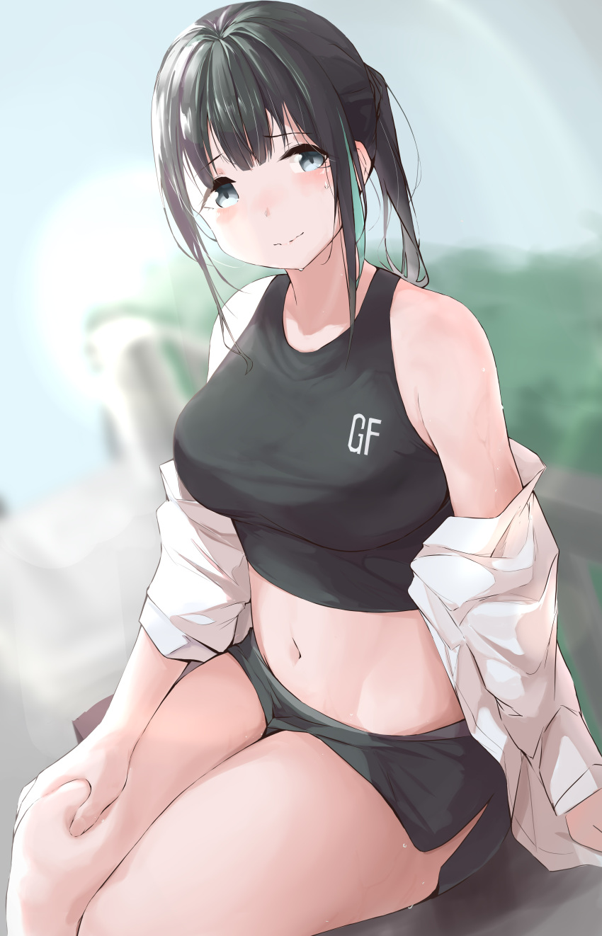 1girl absurdres bare_shoulders black_hair black_shorts black_tank_top breasts chinese_commentary commentary_request dolphin_shorts girls_frontline green_hair grey_eyes highres large_breasts looking_at_viewer m4a1_(girls_frontline) midriff multicolored_hair navel off_shoulder open_clothes open_shirt painnico ponytail shirt shorts sidelocks sitting smile solo streaked_hair sweat tank_top white_shirt