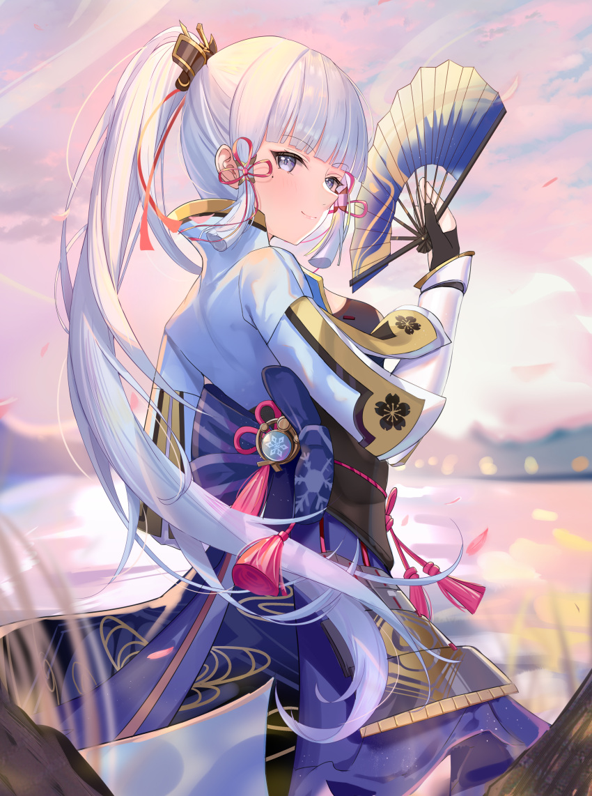 absurdres armor armored_dress ayaka_(genshin_impact) bangs blue_eyes blunt_bangs blurry blurry_background breasts cherry_blossom_print closed_mouth cowboy_shot eyebrows_visible_through_hair fan fingerless_gloves floral_print folding_fan from_side gauntlets genshin_impact gloves hair_ornament hair_ribbon highres holding holding_fan japanese_clothes light_blue_hair light_blush long_hair looking_at_viewer looking_to_the_side mole mole_under_eye ponytail red_ribbon ribbon smile tassel zhongwu_chahui