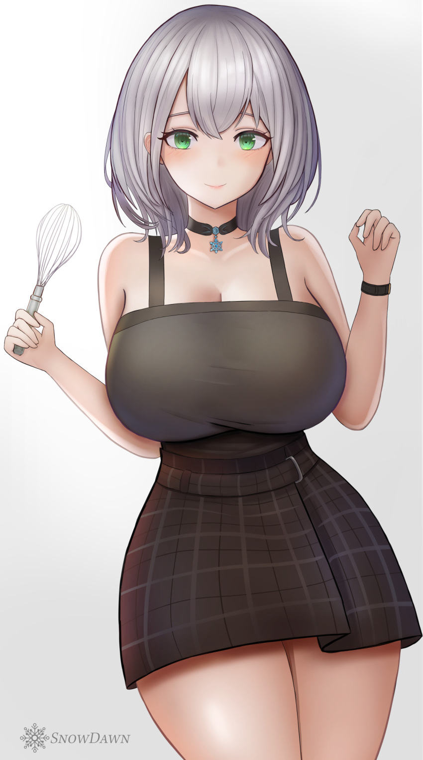1girl absurdres arms_up bangs breasts choker collar green_eyes highres hololive large_breasts legs_together lips looking_at_viewer plaid plaid_skirt shirogane_noel simple_background skirt smile snow_dusk tank_top thighs virtual_youtuber whisk white_hair wristband