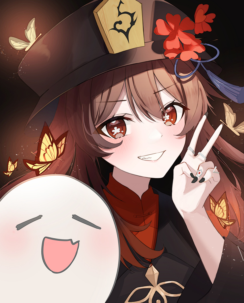1girl absurdres black_headwear blush brown_hair bug butterfly closed_eyes face flower genshin_impact highres hu_tao_(genshin_impact) huge_filesize insect jewelry long_sleeves looking_at_viewer nail_polish open_mouth plum_blossoms red_eyes ring smile symbol-shaped_pupils teeth twintails