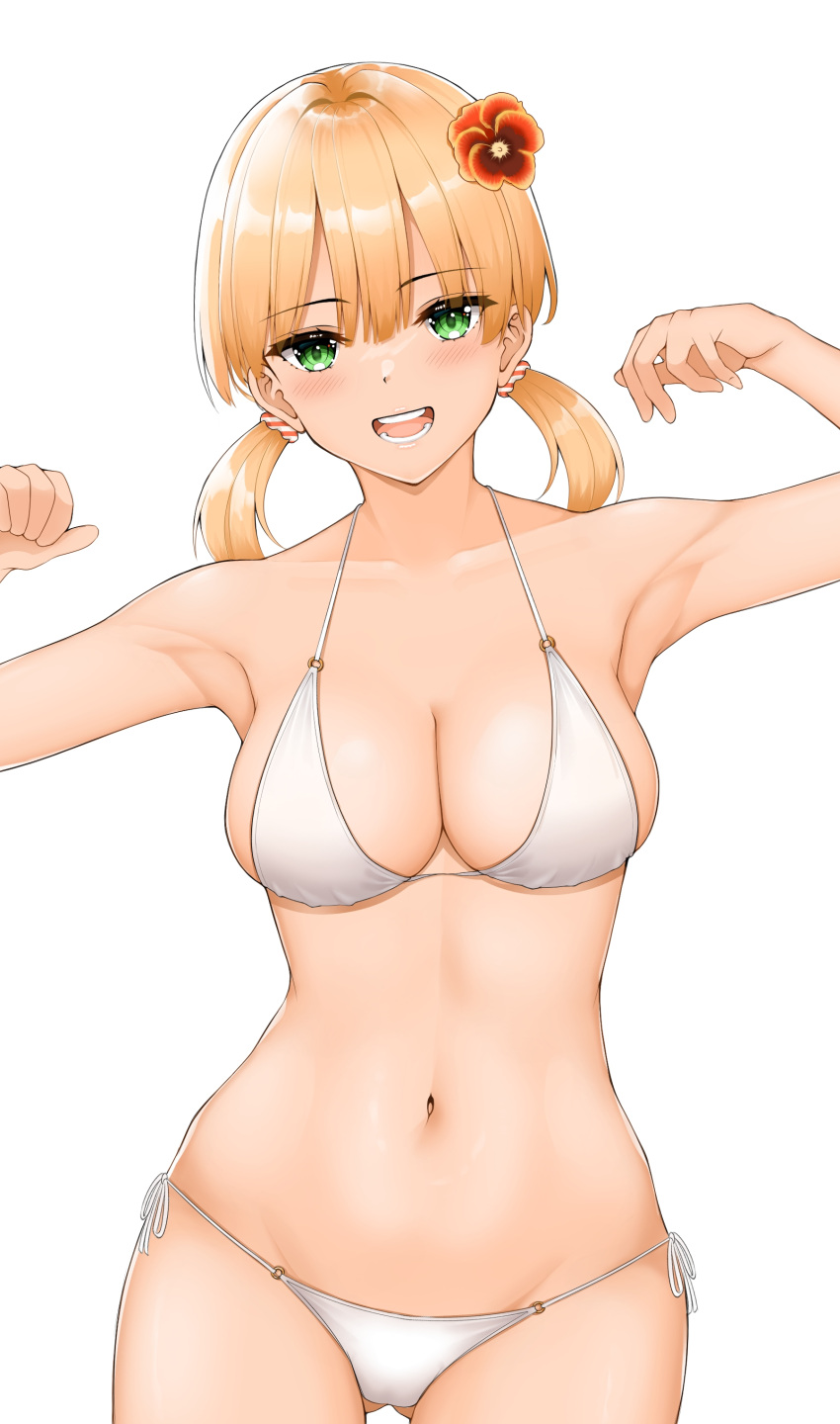 1girl :d absurdres ass_visible_through_thighs bangs bikini blonde_hair blush breasts collarbone cowboy_shot eyebrows_visible_through_hair flower green_eyes groin hair_flower hair_ornament hands_up highres looking_at_viewer medium_breasts navel o-ring o-ring_bikini o-ring_bottom o-ring_top open_mouth original side-tie_bikini simple_background smile solo standing string_bikini swimsuit twintails white_bikini yagih