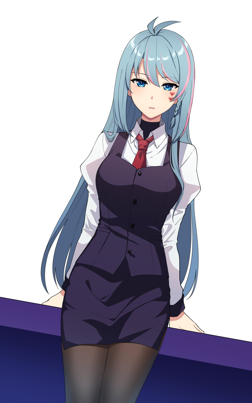 1girl absurdres alternate_costume angon623 azura_cecillia bartender black_skirt black_vest blue_eyes blue_hair breasts collared_shirt highres juliet_sleeves long_hair long_sleeves medium_breasts multicolored_hair necktie nijisanji nijisanji_id parted_lips pencil_skirt pink_hair puffy_sleeves red_neckwear shirt sitting skirt solo streaked_hair vest virtual_youtuber white_shirt