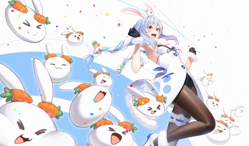 &gt;_&lt; 1girl :3 :d absurdres animal_ear_fluff animal_ears bangs black_gloves black_leotard blue_hair blue_ribbon blurry bow braid breasts bunny-shaped_pupils bunny_tail carrot_hair_ornament clenched_hands commentary confetti creature depth_of_field detached_sleeves don-chan_(usada_pekora) dress eyebrows_visible_through_hair floating_hair food-themed_hair_ornament fur-trimmed_dress fur-trimmed_gloves fur_trim gloves hair_between_eyes hair_bow hair_ornament hands_up highres hikimayu hololive huge_filesize jumping leg_garter leg_up leotard leotard_under_clothes long_hair looking_away manamachii mary_janes multicolored_hair nousagi_(usada_pekora) open_mouth orange_eyes pantyhose pocket pom_pom_(clothes) puffy_short_sleeves puffy_sleeves rabbit_ears rabbit_girl ribbon shiny shiny_clothes shoes short_eyebrows short_sleeves sidelocks small_breasts smile strapless strapless_dress strapless_leotard tail thick_eyebrows twin_braids twintails two-tone_hair upper_teeth usada_pekora virtual_youtuber white_background white_bow white_dress white_footwear white_hair