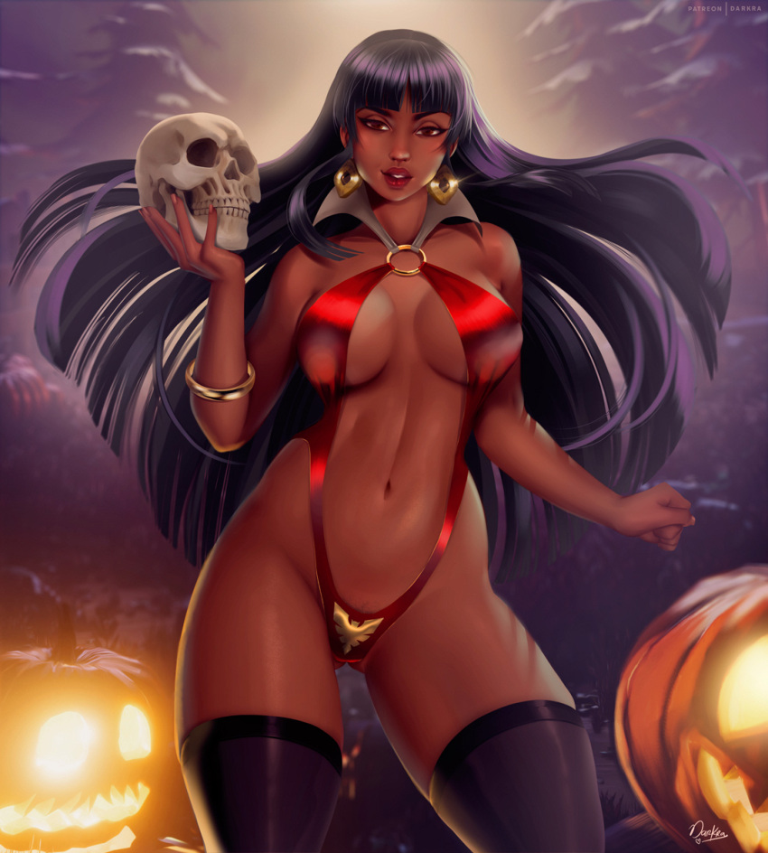 1girl ass_visible_through_thighs bangs blunt_bangs blurry blurry_background breasts dark-skinned_female dark_skin darkra earrings highres jack-o'-lantern jewelry large_breasts lips long_hair looking_at_viewer navel parted_lips red_eyes red_lips skull slingshot_swimsuit solo swimsuit thigh-highs vampirella vampirella_(character)