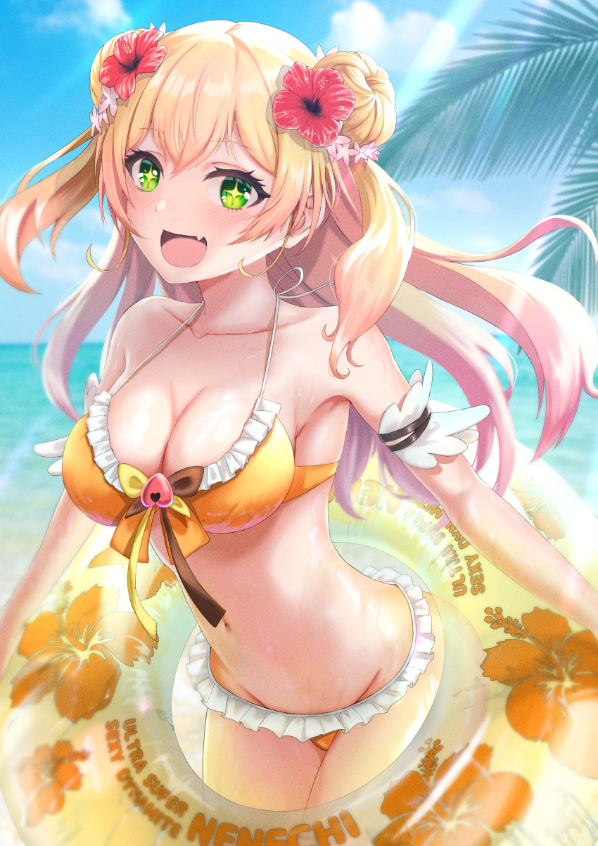 :d absurdres armband bangs beach bikini blonde_hair blue_sky blush breasts clouds collarbone cowboy_shot double_bun eyebrows_visible_through_hair fang floating_hair flower frilled_bikini frills green_eyes groin hair_flower hair_ornament highres holding holding_innertube hololive huge_filesize innertube large_breasts leaf long_hair looking_at_viewer momosuzu_nene navel ocean open_mouth red_flower sand sky smile sparkling_eyes strap_gap sunlight swimsuit tachibana_yuu_(shika) two_side_up virtual_youtuber water wet yellow_bikini