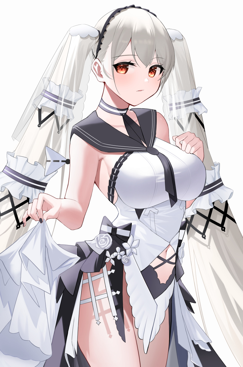 1girl absurdres azur_lane black_choker black_neckwear black_sailor_collar bow_dress breasts choker clothing_cutout cowboy_shot dress feather_dress formidable_(azur_lane) formidable_(timeless_classics)_(azur_lane) highres large_breasts long_hair looking_to_the_side navel navel_cutout official_alternate_costume red_eyes ryuya sailor_collar simple_background sleeveless sleeveless_dress solo stomach_cutout strapless strapless_dress twintails two-tone_dress two-tone_ribbon veil very_long_hair white_background white_dress