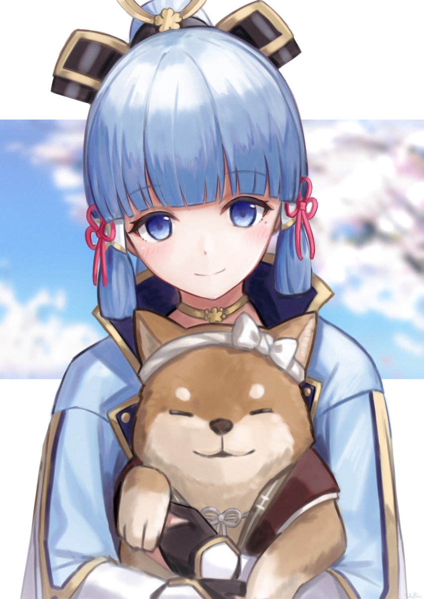 1girl ayaka_(genshin_impact) bangs black_gloves blue_eyes blue_hair blunt_bangs blush bow choker closed_eyes dog ebiri_fy fingerless_gloves genshin_impact gloves hair_ornament headband highres hug japanese_clothes mole mole_under_eye ponytail shiba_inu sidelocks smile vambraces white_bow white_hair